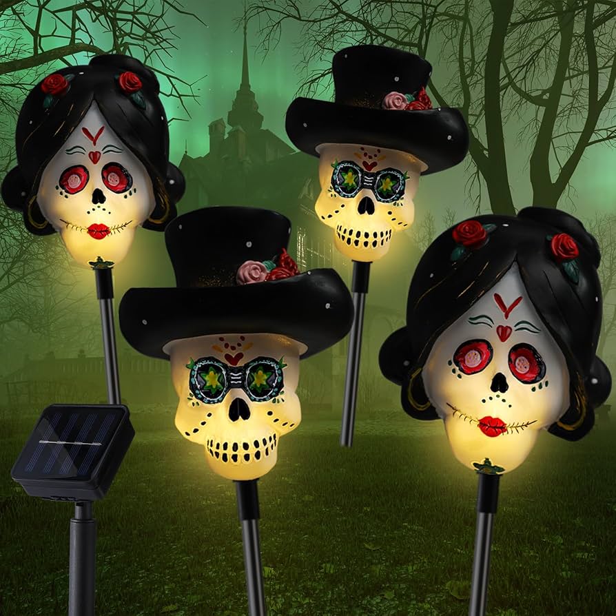 VIHOSE 4Pcs Solar Day of The Dead Skull Pathway Marker
